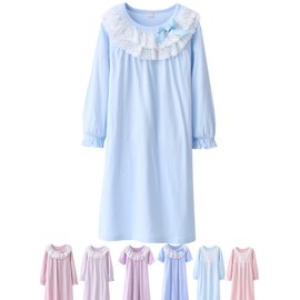ABALACOCO Cotton Nightgown for Girls Short Long Sleeve Pajamas Dress Princess Kids Toddlers Pretty Lace Loose Sleepwear Dress (12-13 Years, Blue)