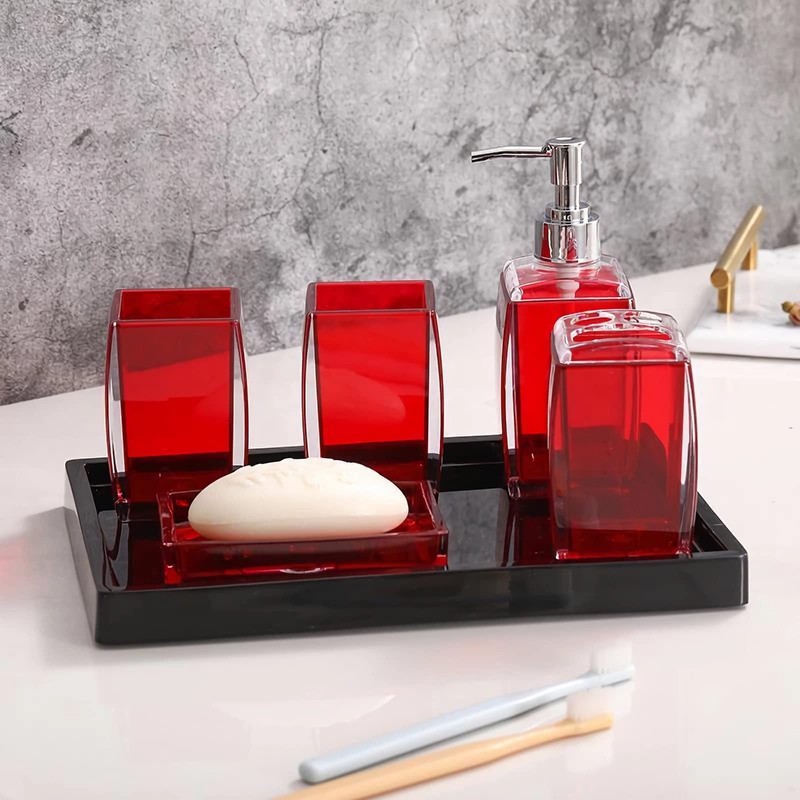 TUANYO 5 Pcs Red Acrylic Bathroom Accessories Set Complete, Lotion/Soap