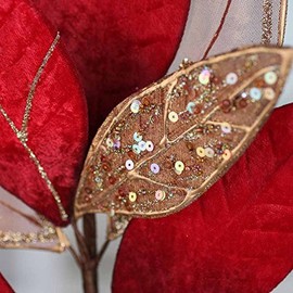Factory Direct Craft Red and Gold Velvet with Gold Mesh Artificial Magnolia Leaf Spray - Rich Velveteen Magnolia Leaves Stem for Christmas Decorations and Holiday Flower Arrangements (Size: 27" H)
