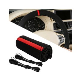 TNAIYH Car Steering Wheel Cover, 14.5-15" DIY Stitch on Suede Steering Wheel Wrap Protector with Needle and Thread, Sewing Auto Guard for Comfort Grip, Universal Fit (Black Red-Black Line)