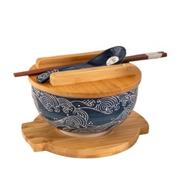 Hinomaru Collection Japanese Kamameshi Style Rice Noodle Bowl with Bamboo Lid Trivet Chopsticks and Porcelain Spoon Bowl Set (Wave)