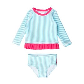 RuffleButts Baby/Toddler Girls Seersucker Long Sleeve Rash Guard Bikini - Bright Aqua Seersucker, 3T