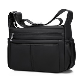 Carfond Women Shoulder Bag Multi-Pockets Handbag Water-Resistant Nylon Crossbody Bags Large Purses Lightweight Messenger Bag Black