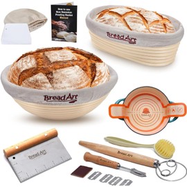 Banneton Bread Proofing Baskets Set - 9 Inch round and 10 Inch Oval sourdough proofing baskets with Silicone Bread Sling, Long 13 Inch Dough Whisk, Dough Scrapers, Bread lame, and a Cleaning Brush