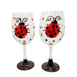 Ladybug Hand Painted Stemmed Wine Glasses Set of 2