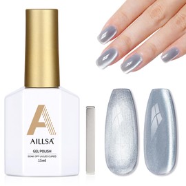 AILLSA Glass Cat Eye Gel Nail Polish, 15ml Gray Glitter Jelly Sheer Gel Polish, Translucent Magnetic Shimmer Sparkle Nail Art U V Salon 0.5 OZ GF32