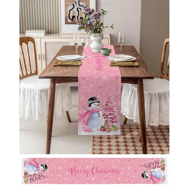Lsrtoss Pink Christmas Table Runner 48 Inches Long, Snowman Xmas