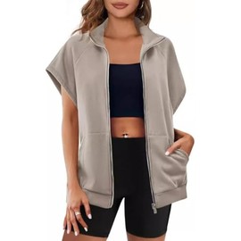 ROMRUM Women's Zip Up Sweatshirts Short Sleeve Lapel Oversized Summer Casual Loose Solid Sweatshirt Jacket with Pockets(Large, Khaki)