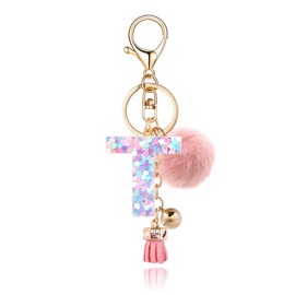 QUKE Alphabet Initial Letter Keychain for Women Girls Resin Keyring for Purse School Bag With Pink Fur Ball Pom - T