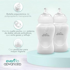 Evenflo Advanced Biberón Anticólicos Avanzado, Cuello Ancho, Transparente, 270ml, 2 Piezas, Flujo Medio, Silicón Grado Alimenticio, Sistema Doble Válv