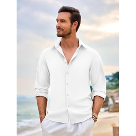 Mens Shirts Button Down Long Sleeve Business Casual Polo Collared Dress Tee Shirts White