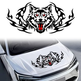 JSCARLIFE Flaming Wolf Head Car Hood Decals 39"x18", Practical Black Flaming Wolf Head Car Hood Sticker, Self-Adhesive Vinyl Graphics Decals, Universal Scratch Hidden Car Stickers
