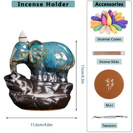 Kiss Me Backflow Incense Burner - Elephant Holder, Handmade Ceramic Waterfall Censer With 20 Cones, 30 Sticks, Tweezer, Mat for Meditation, Home Decor (Blue)
