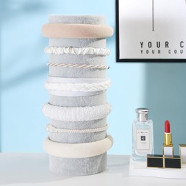 Organizador para diadema de terciopelo suave, diseño de banda para el cabello, accesorios verticales para el pelo, almacenamiento de joyas para mujeres y niñas (terciopelo gris y beige)