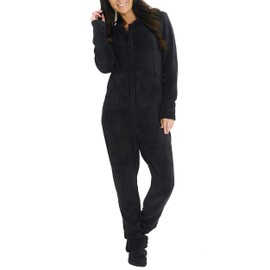 Alexander Del Rossa Adult Onesie Pajamas for Women, Hooded Fleece Adult Onesies for Women, One Piece Pajamas for Women Black Large (A0322BLKLG)