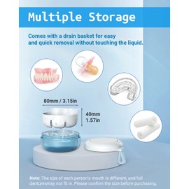 Denture Bath Case, Denture Cup, Leak Proof Portable Retainer Case, Denture Cleaning Kit with Cleaner Brush, Denture Box with Strainer & Mirror, Denture Case for Aligner Retainer Mouth Guard