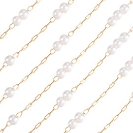 Elecrelive 16.4 Feet Faux Pearl Chain Freshwater Pearl Beaded Golden Chain Brass Cable Link Chain for Jewelry Making DIY Layered Bracelet Necklace