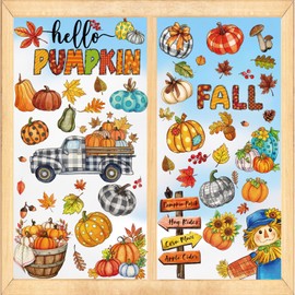 XZENTIRA 118 PCS Fall Window Clings Watercolor Disco Pumpkin Maple Leaves Scarecrow Window Decals Fall Decorations for Home Office Holiday Party Supplies Autumn Decor 8 Sheets