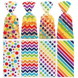 50 Pcs Rainbow Cellophane Treat Bags, Polka Dot Stripes Stars Printed Pattern Mixed Bags, Goodie Candy Favor Bags with Twist Ties for Pride Day, Baby Birthday Party Supplies(5inch x 10inch)