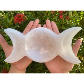 GAF TREASURES Large Selenite Triple Moon Bowl, 8" Long Triple Moon Carved Selenite Dish, Crystal Polished Cleansing Charging Healing Gemstone Bowl