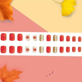 Fall Thanksgiving Press on Nails Short Square Maple Leaves False Nails Gold Glitter Powder Design Orange French Stick on Nails Full Cover Acrylic Nails Fall Glue on Nails for Women Festival Nails