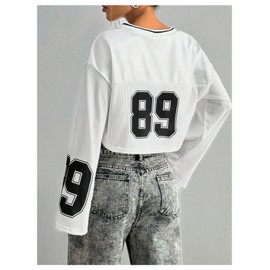 GORGLITTER Women's Number Graphic Jersey Crop Top Shirts Y2K 90s Bell Long Sleeve V Neck Graphic Tee White Medium