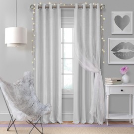 Elrene Home Fashions Aurora Solid Faux Silk with Sheer Sparkle Overlay Room Darkening Window Curtain Panel, 52" W x 108" L (1, Pearl Gray
