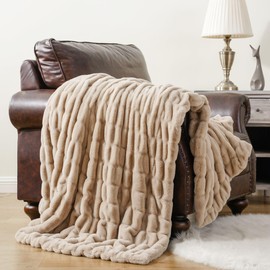 BATTILO HOME Beige Faux Fur Throw Blanket for Bed, Large Faux Fur Blanket Double Side Reversible Ruched Rabbit Fur Blanket for Couch, Bed, Cozy Soft Warm Mink Blanket, 60x80 Inches