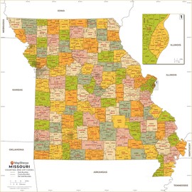 Missouri ZIP Code Map with Counties - Standard - 36 x 36 inch Poster - Front Lamination