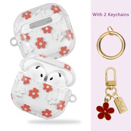 AIIEKZ Compatible with AirPods 4 Case 2024, Soft TPU Case with Floral Pattern for AirPods 4th Generation, with Flower Keychain and Cleaning Kit and Carabiner (Red)