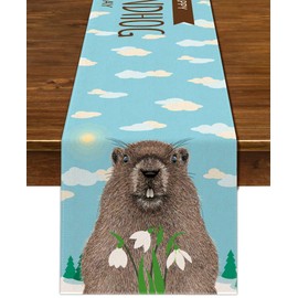 Nepnuser Happy Groundhog Day Table Runner Welcome Spring Sign Decoration February Seasonal Home Kitchen Dining Room Decor