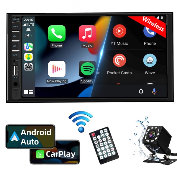 Double Din Car Stereo Wireless CarPlay Wireless Android Auto, 7inch Car Audio Receiver MP5 Player Car Radio Touchscreen with Bluetooth, Mirror Link, Backup Camera, FM, SWC, USB/AUX/TF/Subwoofer