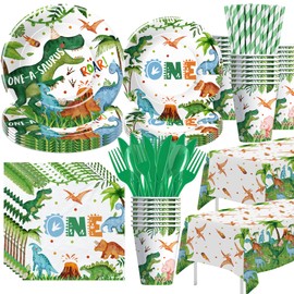 Suhelkit Dinosaur First Birthday Party Supplies - Dino Dinosaur 1st Birthday Decorations, Plate, Cup, Napkin, Tablecloth, Cutlery, Dinosaur Party Decorations For Boy's One-Year-Old Birthday | Serve 24