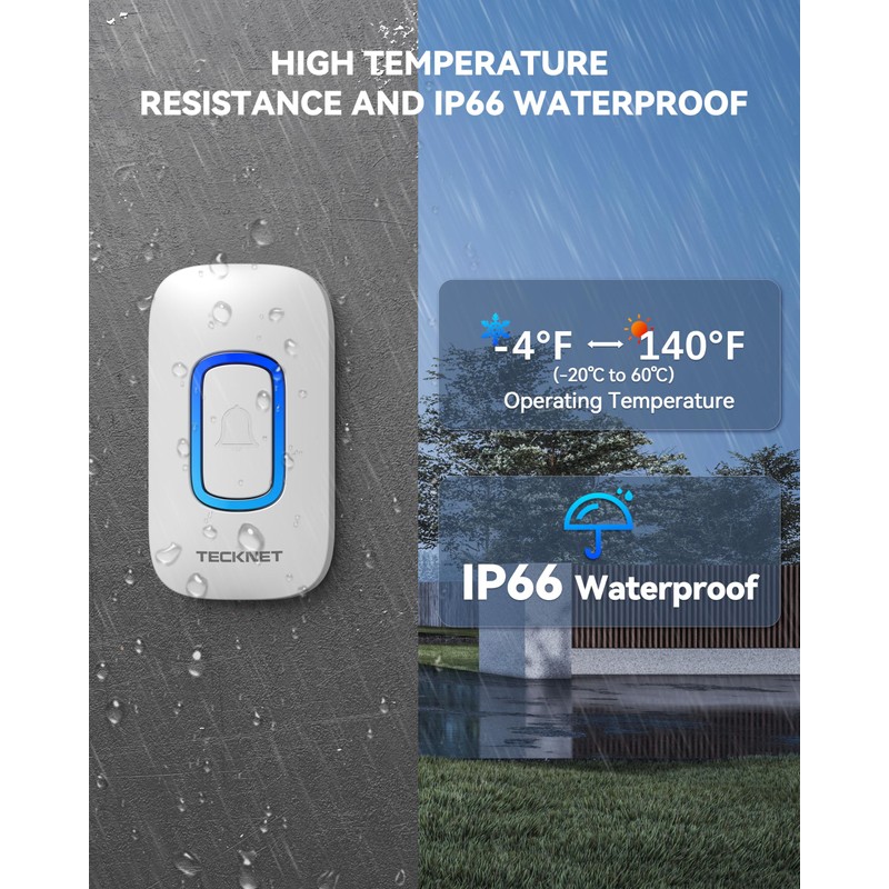 TECKNET Wireless Doorbell, 2 Transmitters 2 Receivers Door Bell Battery