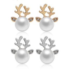 2 Pairs Of Christmas Earrings Pearl Deer Earrings Pearl Reindeer Earrings Antler Earrings Large pearl earrings