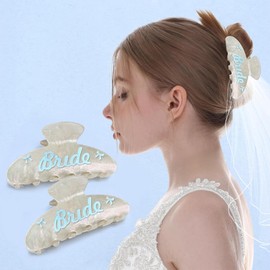 2Pcs Bride Claw Clip White Marble Acrylic with Blue Bow Hair Accessory, Bridal Pearl Headband for Bridesmaids, Wedding Day Hair Clip, Bachelorette Party Favor Gift (Blue)