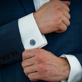 Jonwo Round Cufflinks for Men Women with Crystals In Gift Case Classic Silver Men's Crystals Cufflinks Jewelry Set for Wedding Party Anniversary Business Events Tuxedo Dress (Blue Crystals)