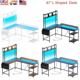 Garvee 67" Reversible L-Shaped Computer Desk With LED Lights & Outlets & Monitor Stand - Rustic Brown
