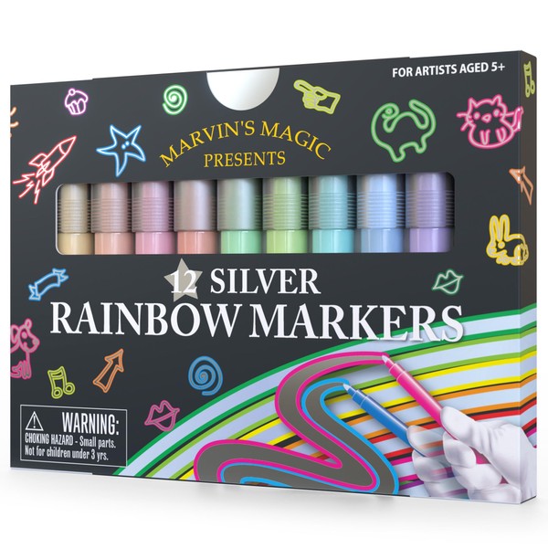 Marvin's Magic - Amazing Silver Rainbow Markers - 12 Markers - Children's Drawing Markers - Ideal for Kids' Art Projects - Create Shimmering and Colourful Artwork