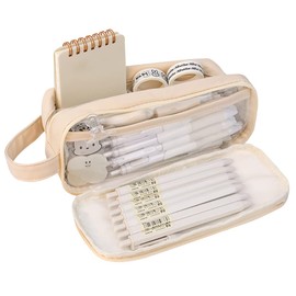 JIHUOO Large Capacity Pencil Case Bag PVC Pencil Pouch Double Layered Pen Bag Aesthetic Pen Pouch Toiletry Bag School Supplies White