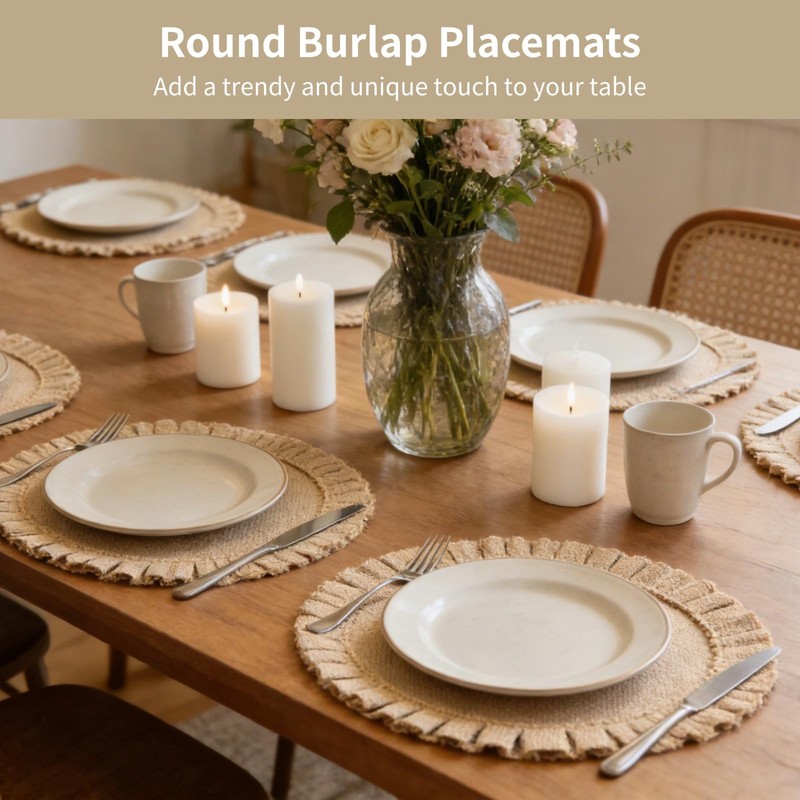 6 Pcs Round Burlap Placemats, 15 Inch Reusable Table Mats,