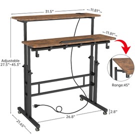 SIDUCAL Mobile Standing Desk with Charging Station, Portable Desk for Walking Pad, Adjustable Computer Workstation with Wheels, Office Table Stand with Tilted Desktop 23.62" D X 31.5" W Rustic Brown