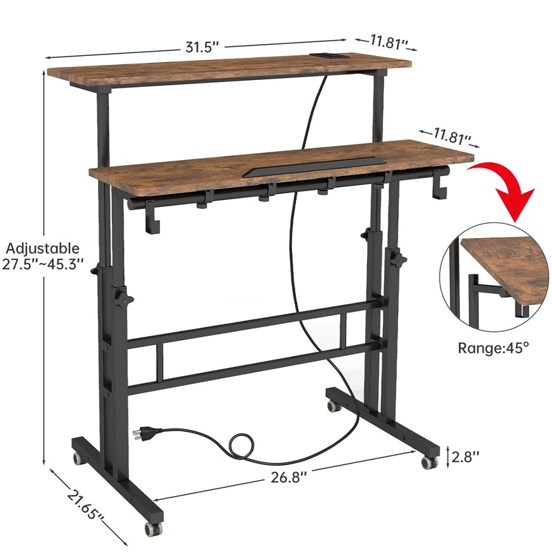 SIDUCAL Mobile Standing Desk with Charging Station, Portable Desk for
