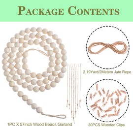 QXUJI Wall Hanging Photo Display with Wood Beads Garland, Collage Picture Frame for Wall Decoration, Picture Holders with 30 Wood Clips, for Rustic Country Decor, Home, Office, Nursery Room