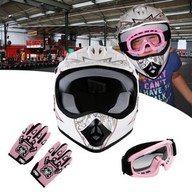 TCMT Youth Pink Butterfly Dirt Bike ATV Helmet Motocross with Goggles and Gloves Large