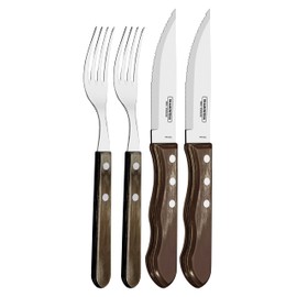 Tramontina Jumbo Steakbesteck, Set 4-teilig, mit 2 Steakmessern und 2 Steakgabeln, Edelstahl, Holzgriff, FSC