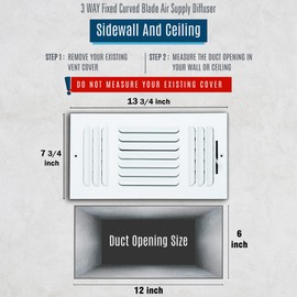 Fits 12x6 Duct Opening 3 Way Fixed Curved Blade Air Supply Diffuser by Handua | Register Vent Cover Grille for Sidewall and Ceiling | White | Outer Dimensions: 13.75" X 7.75"