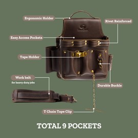 Trailside Genuine Leather Electrician Tool Pouch with Belt Loop for Carpenters, Framers, Plumbers 5 Pocket Design Made with 100% Full Grain Leather Saddle