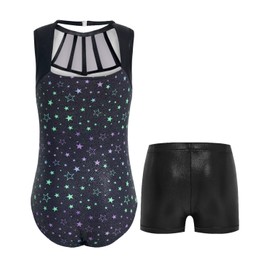 JiAmy Girls' Gymnastics Leotard, Glittering Girls' Gymnastics Outfit, Unique Design, Sleeveless Leotard, 3-12 Years, Black stars