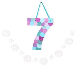 Mermaid 7th Birthday Decorations - Mermaid Number 7 Sign, Starfish Banner Photo Props, Girls Birthday Ocean Party Decorations, Mermaid Starfish Hanging Decoration.